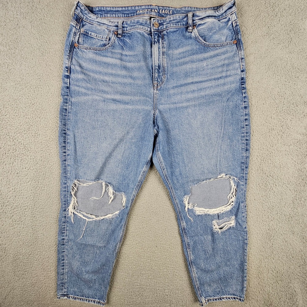 American Eagle Mom Jeans 20 Regular Light Blue Distressed High Rise Stretch